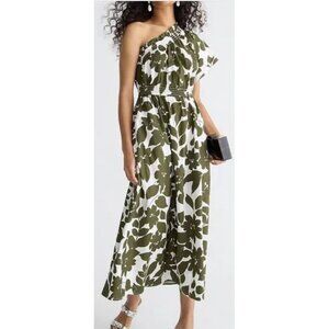 J Crew Dress WMNS S Green Leafy Floral Smocked Cotton Poplin One Shoulder BR404